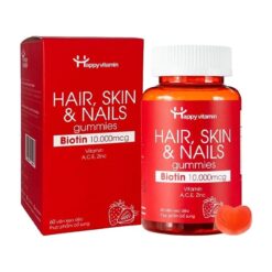 Kẹo Dẻo Hair Skin Nails Gummies Biotin 10000mcg Happy Vitamin 60 viên hỗ trợ mọc tóc